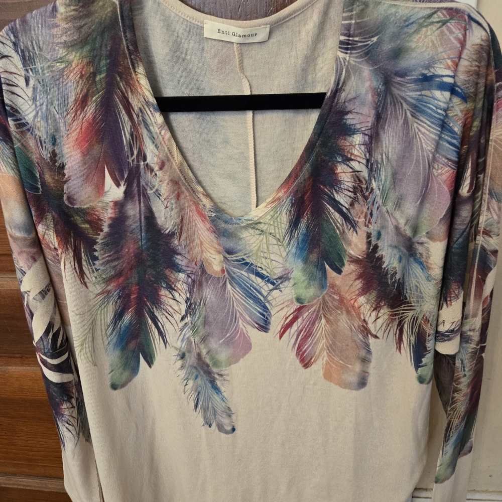Glamour Feather Print Long Sleeve Top - Multicolor